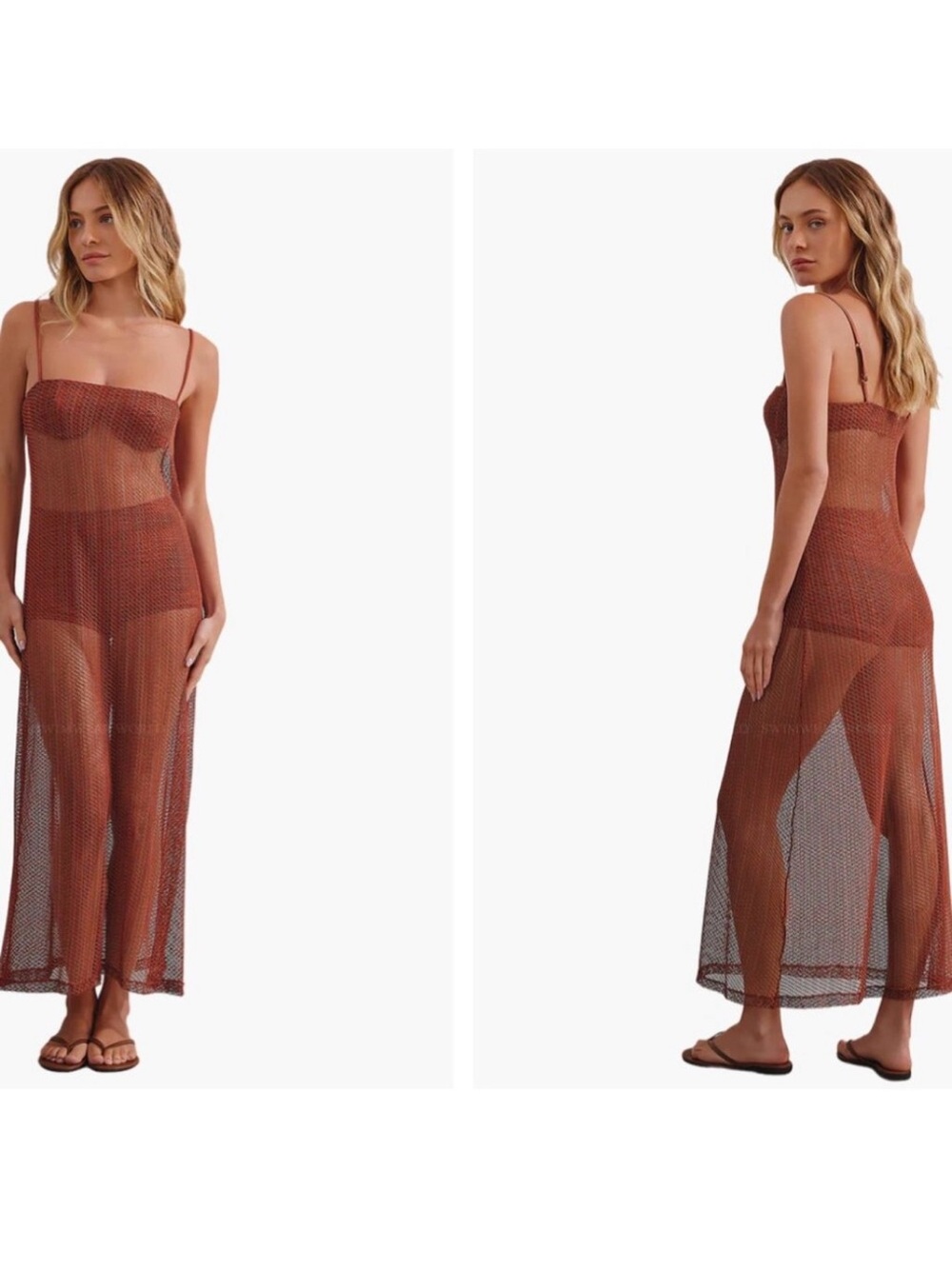 ViX Sheer Crochet Maxi Slip Dress in Rust